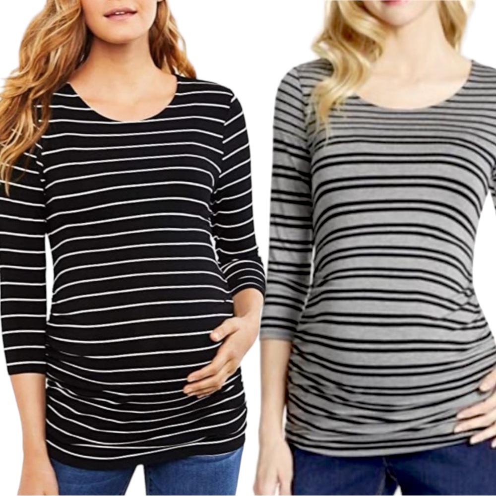 Two Shirts! Jessica Simpson Maternity Lot 2 Small Striped 3/4 Sleeve Black Gray
